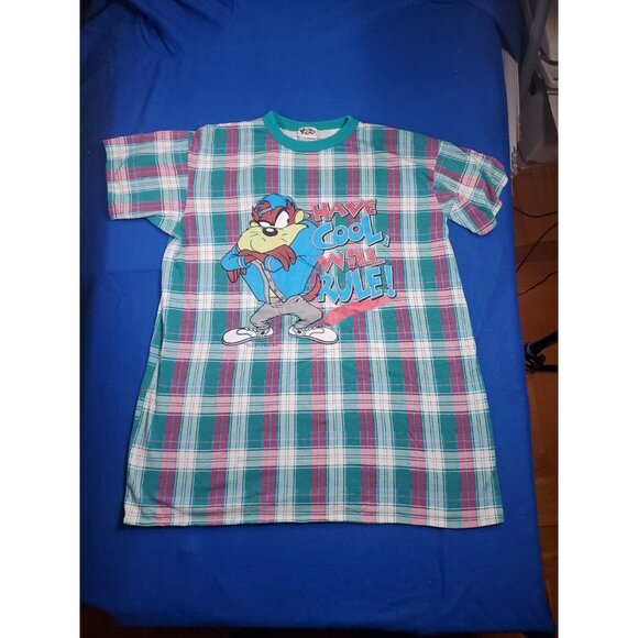 Vintage 90s Looney Tunes Tasmanian Devil (Taz) Plaid Sleep Shirt Men's XL - Picture 13 of 15